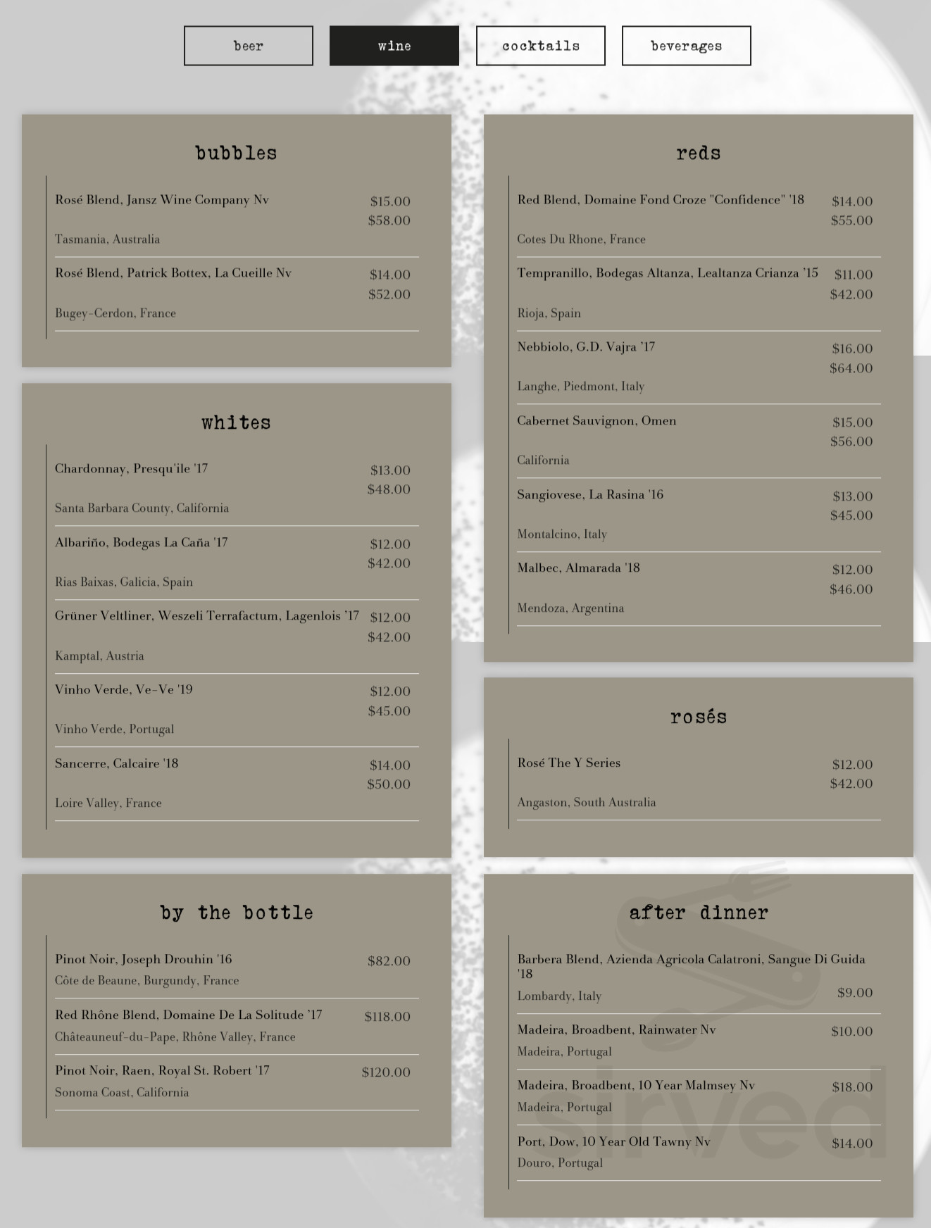 Bardo menu in Charlotte, North Carolina, USA
