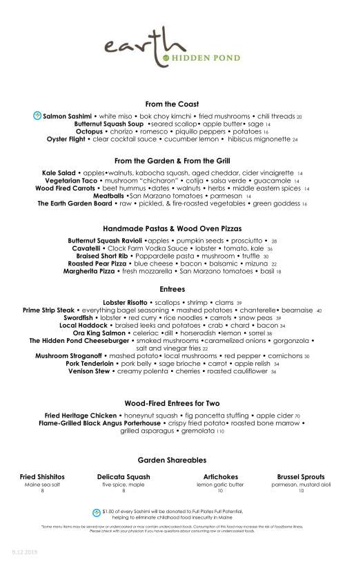 Earth At Hidden Pond Menu In Kennebunkport Maine USA