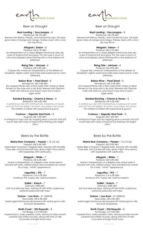 Earth At Hidden Pond Menu In Kennebunkport Maine USA