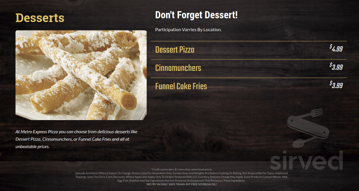 Metro Express menu in Lancaster, Pennsylvania