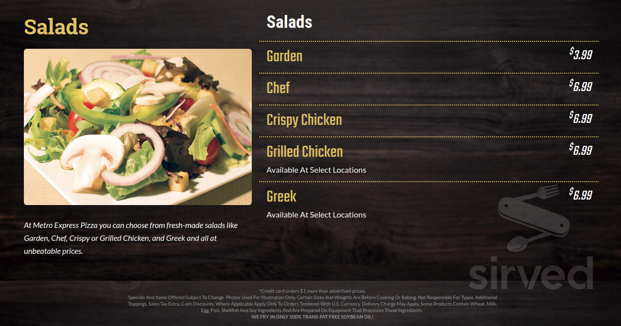 Metro Express menu in Lancaster, Pennsylvania