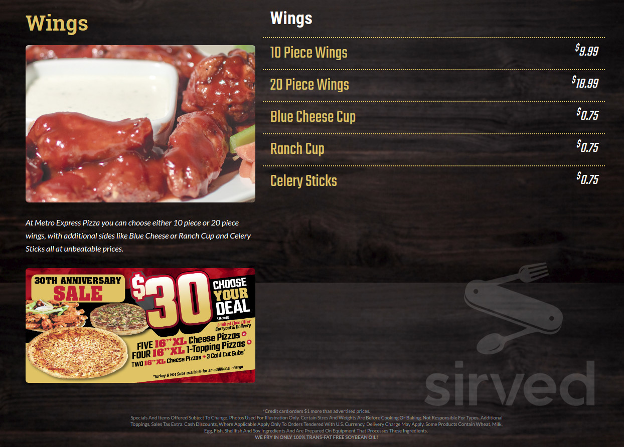 Metro Express menu in Lancaster, Pennsylvania