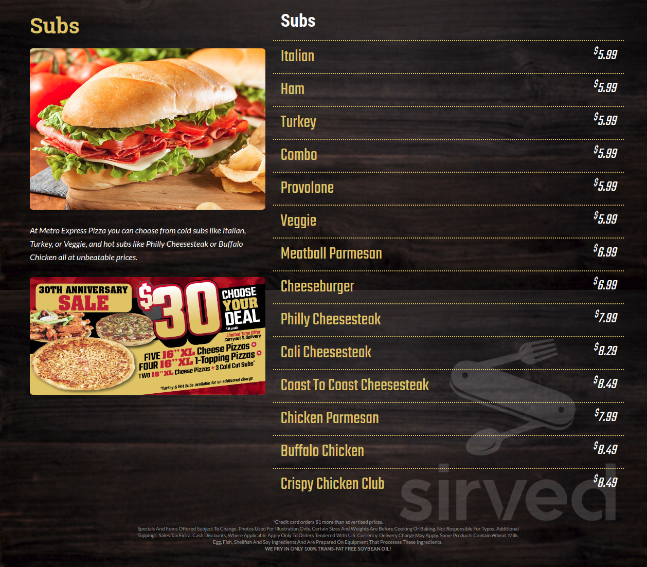 Metro Express menu in Lancaster, Pennsylvania
