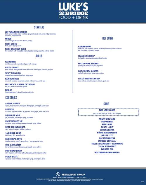 Luke's 32 Bridge menu in Nashville, Tennessee, USA