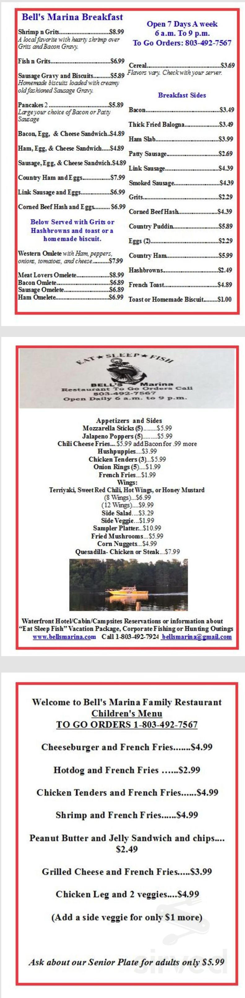 Bells Marina & Resort menu in Eutawville, South Carolina, USA