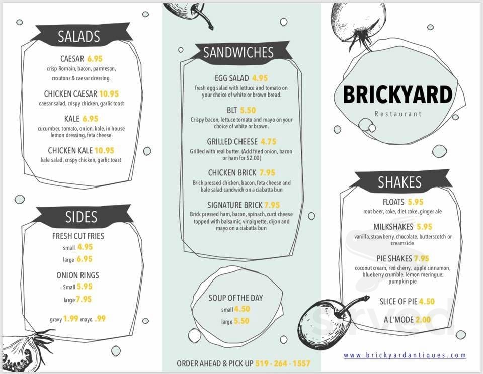 BrickYard Antiques & Repurposed Finds menu in Mount Brydges, Ontario