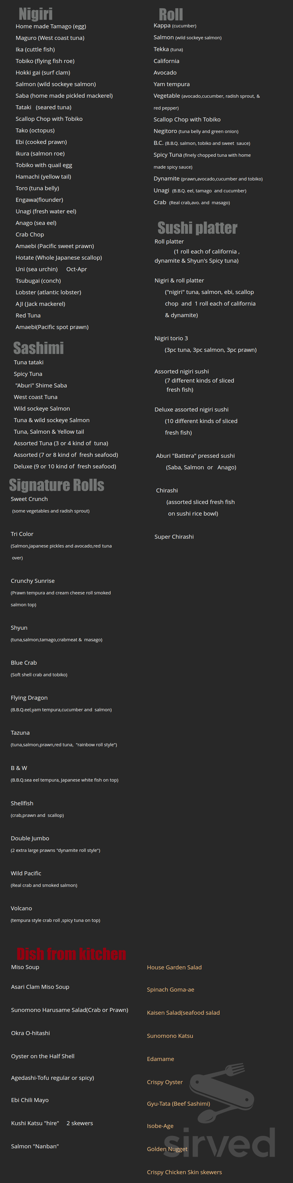 Sushi Bar Shyun menu in Port Coquitlam, British Columbia