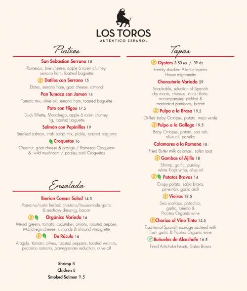 Los Toros Auténtico Español menu in Halifax, Nova Scotia, Canada