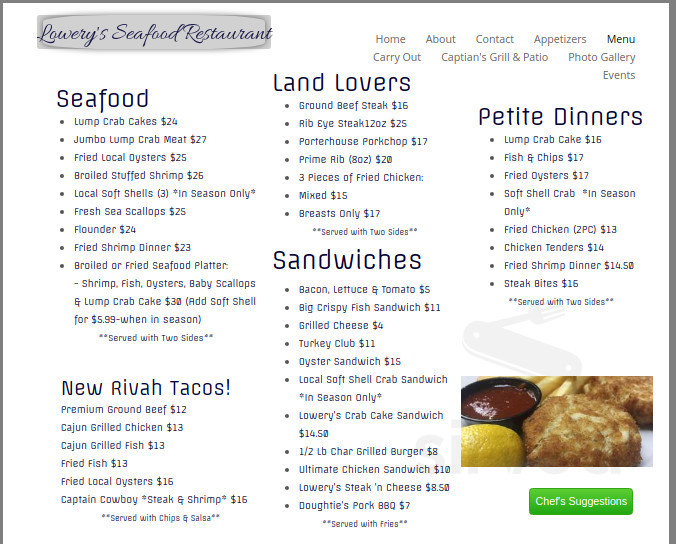 Lowery's Seafood Restaurant menu in Tappahannock, Virginia, USA