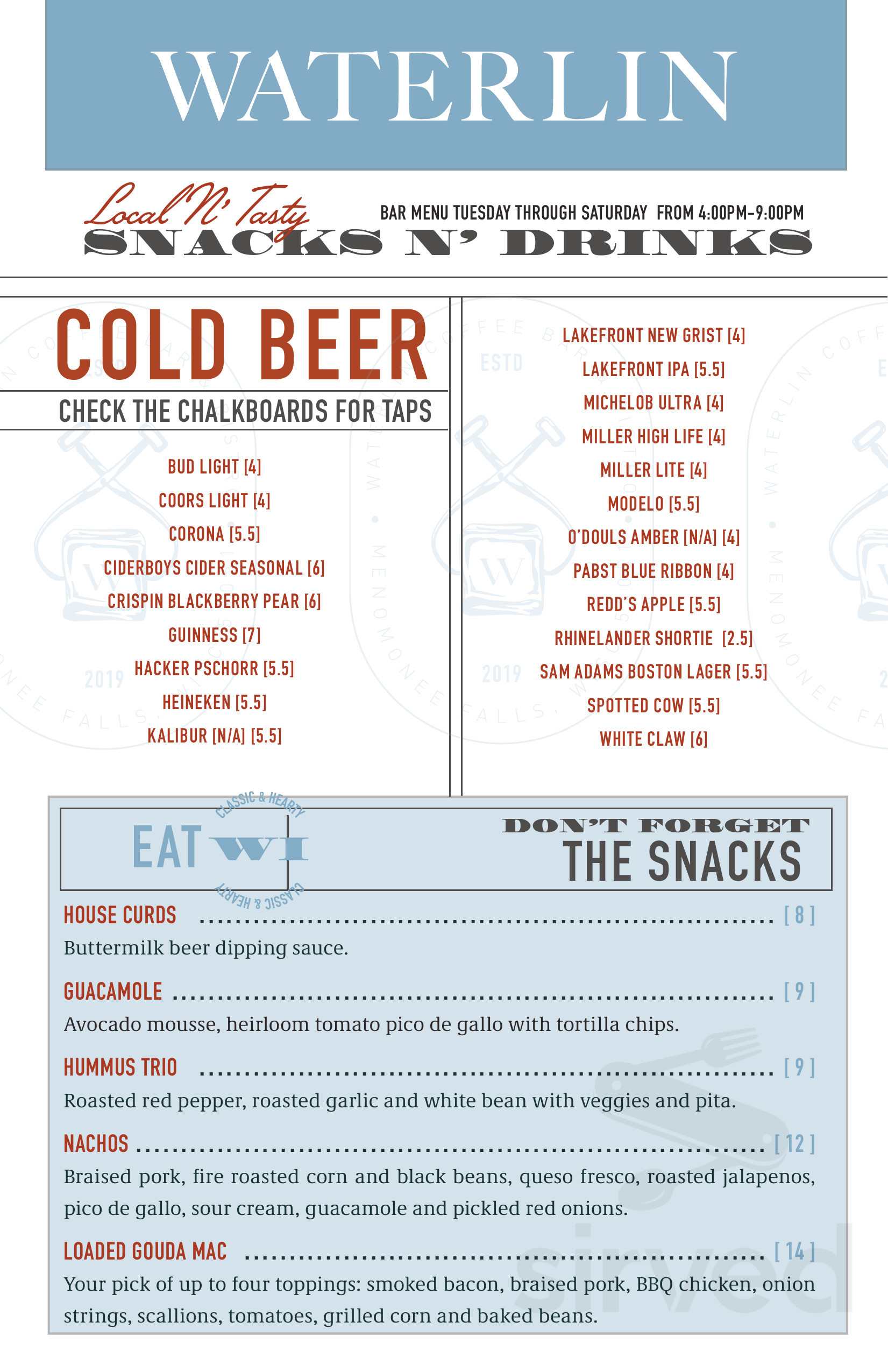 Waterlin menu in Menomonee Falls, Wisconsin, USA