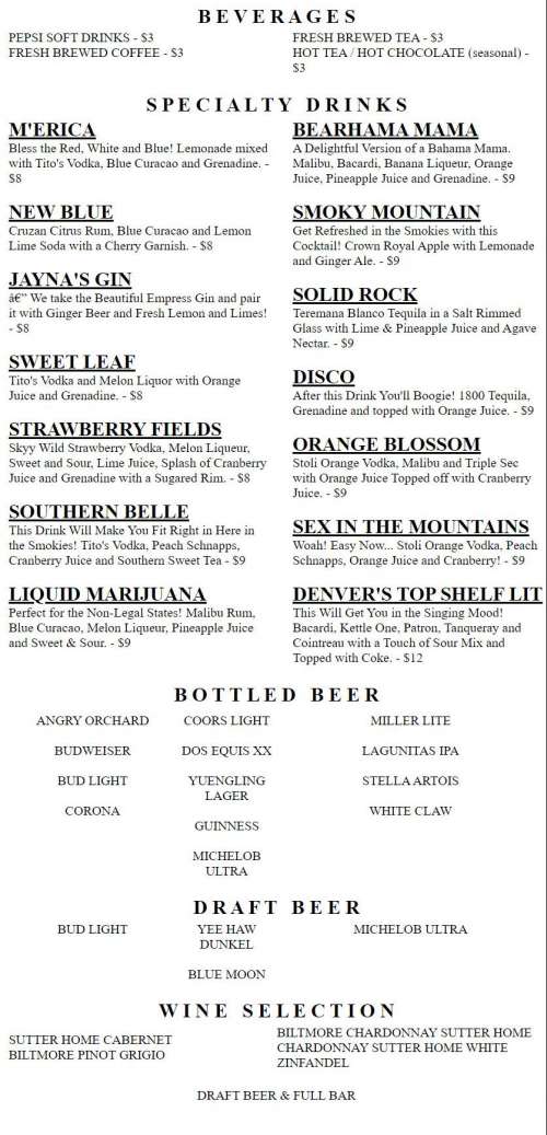 Tom & Earl's Back Alley Grill menu in Gatlinburg, Tennessee, USA