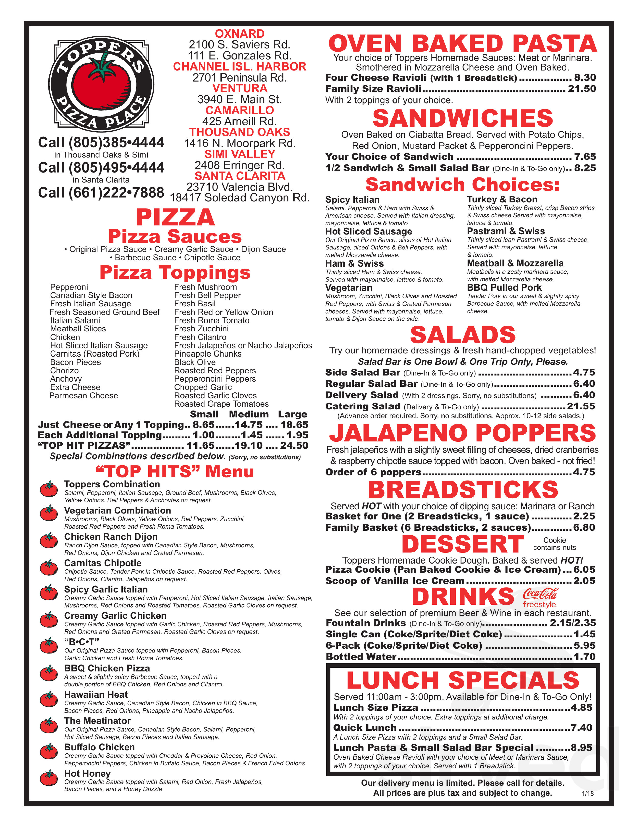 Toppers menu on sale