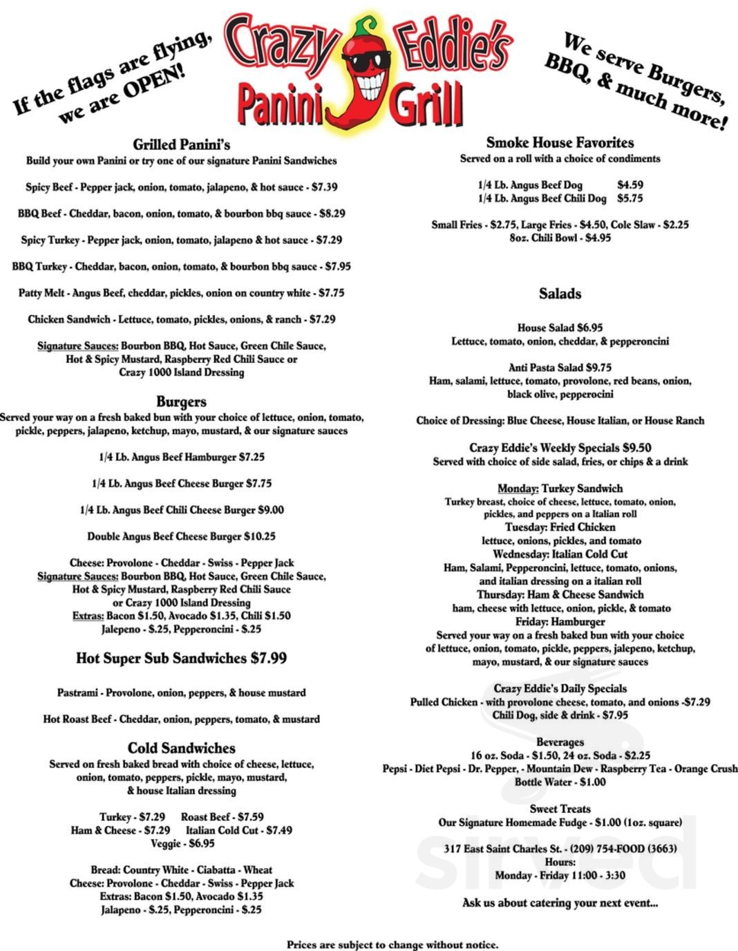 Crazy Eddie's Panini Grill menu in San Andreas, California