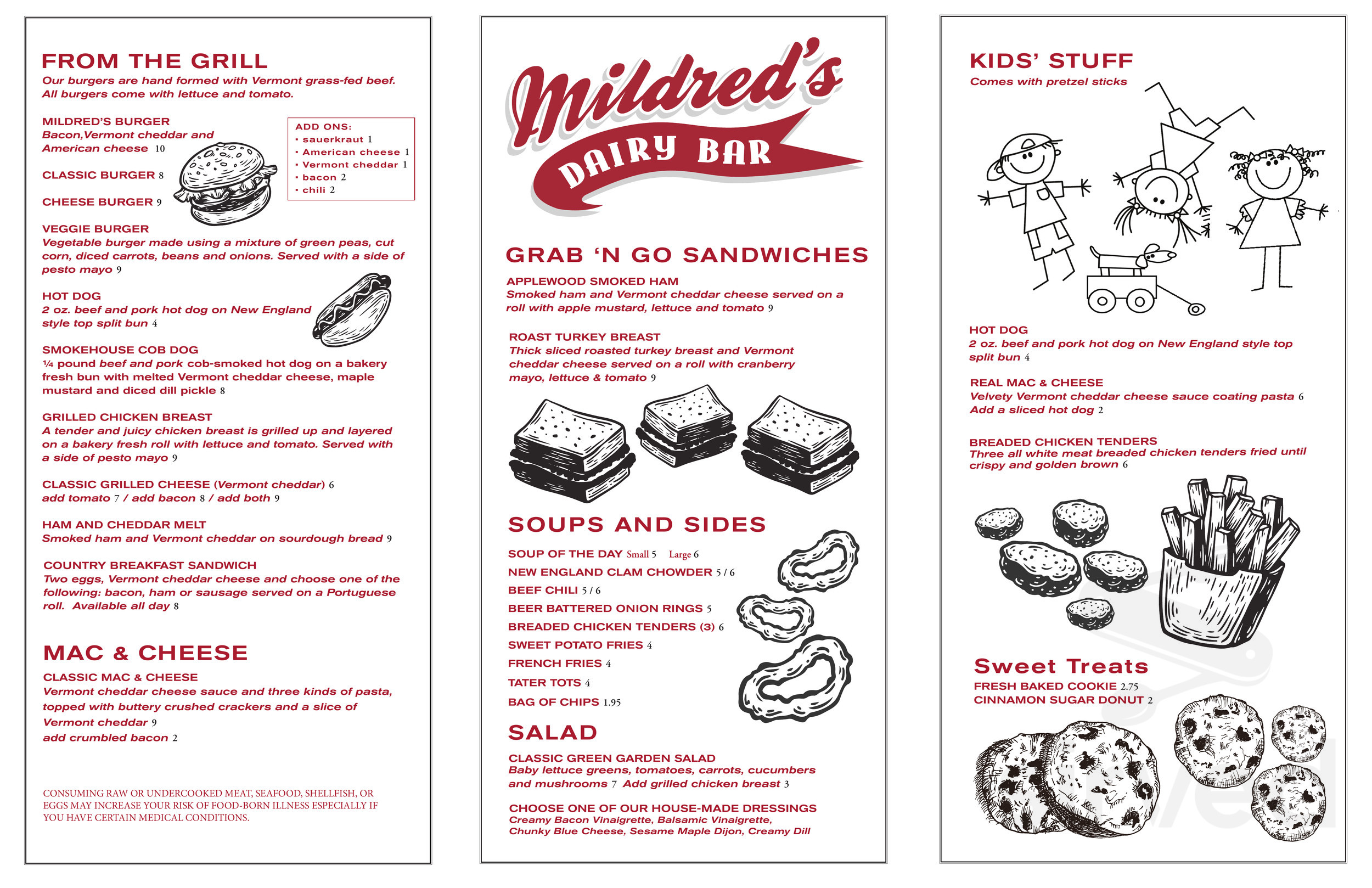 Mildred's Dairy Bar menu in Weston, Vermont, USA