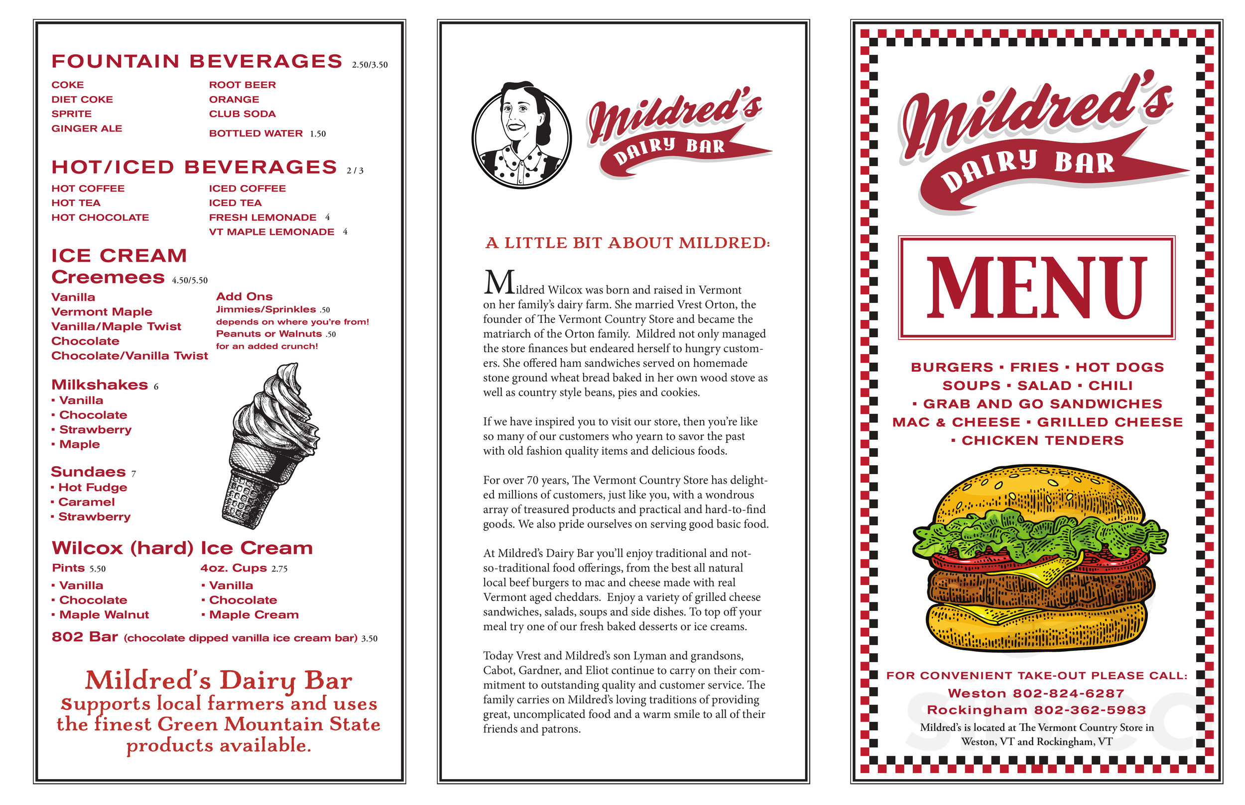 Mildred's Dairy Bar menu in Weston, Vermont, USA