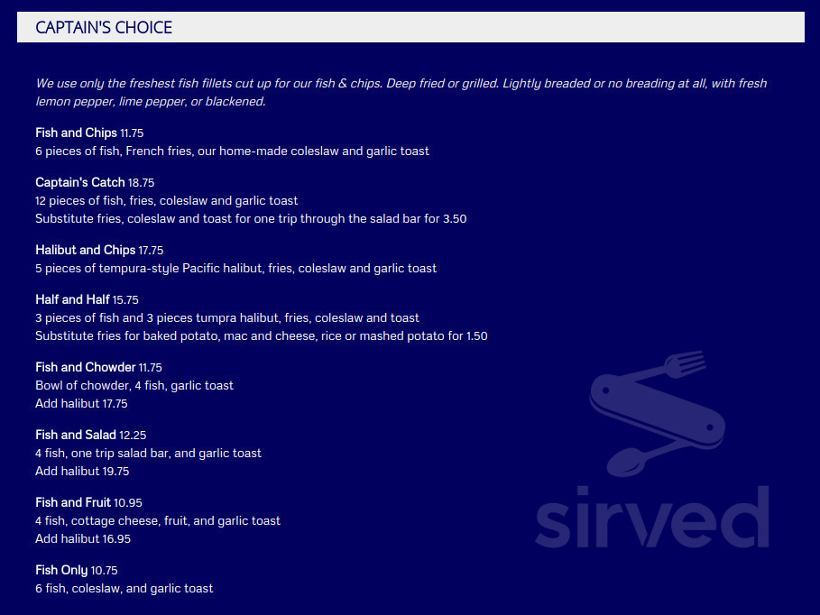 Captain's Choice Fish House menu in North Bend, Oregon, USA