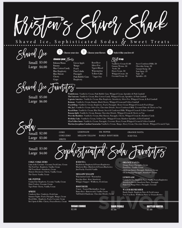 Kristen's Shiver Shack menu in Fort Gibson, Oklahoma