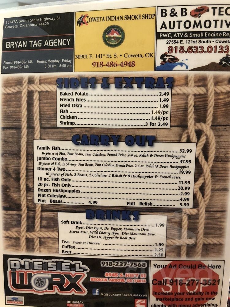 Fish Shack menu in Coweta, Oklahoma, USA