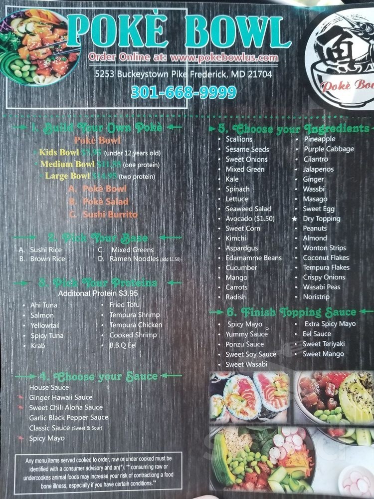 Poke Bowl menu in Frederick, Maryland, USA