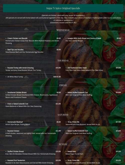 Sugar n spice menu in Waterford, Pennsylvania, USA