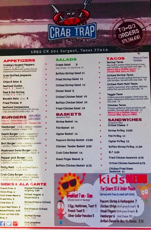 The Crab Trap Grill menus in Sargent, Texas, United States