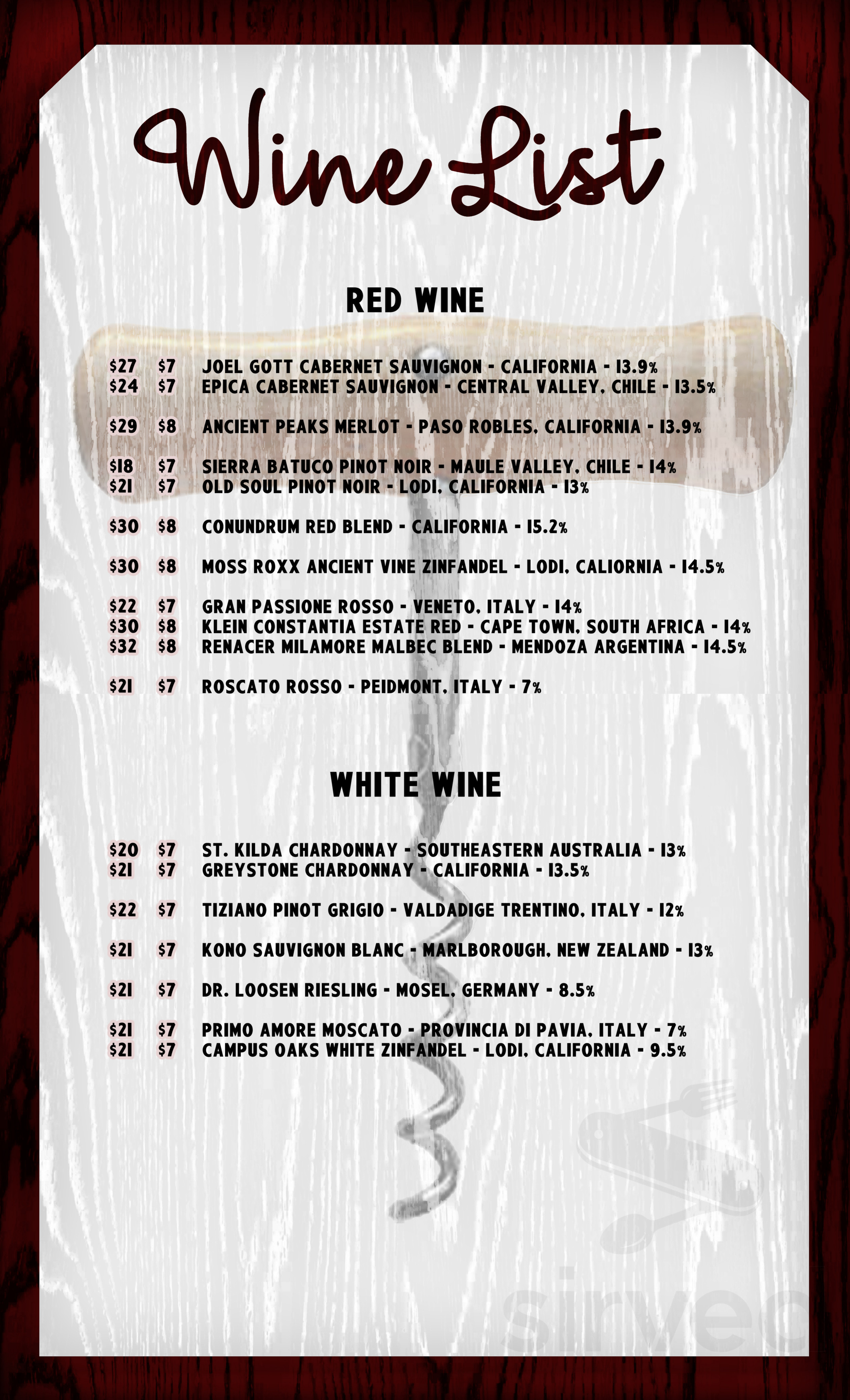 The Market Vines Wine Bar & Grille menu in Wheeling, West Virginia, USA