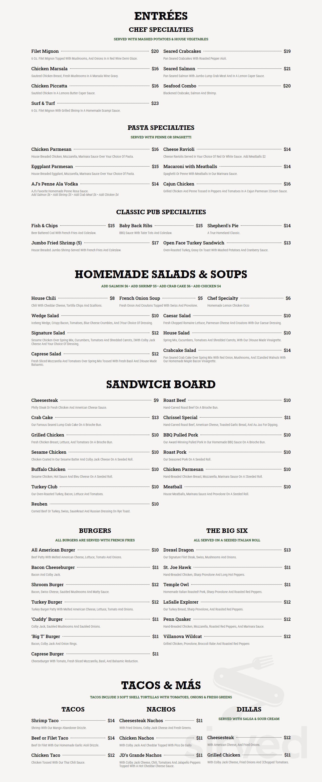 JD McGillicuddy's menu in Havertown, Pennsylvania