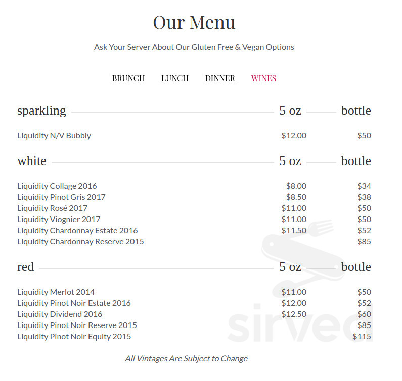 Liquidity Bistro drink menu in Okanagan Falls, British Columbia