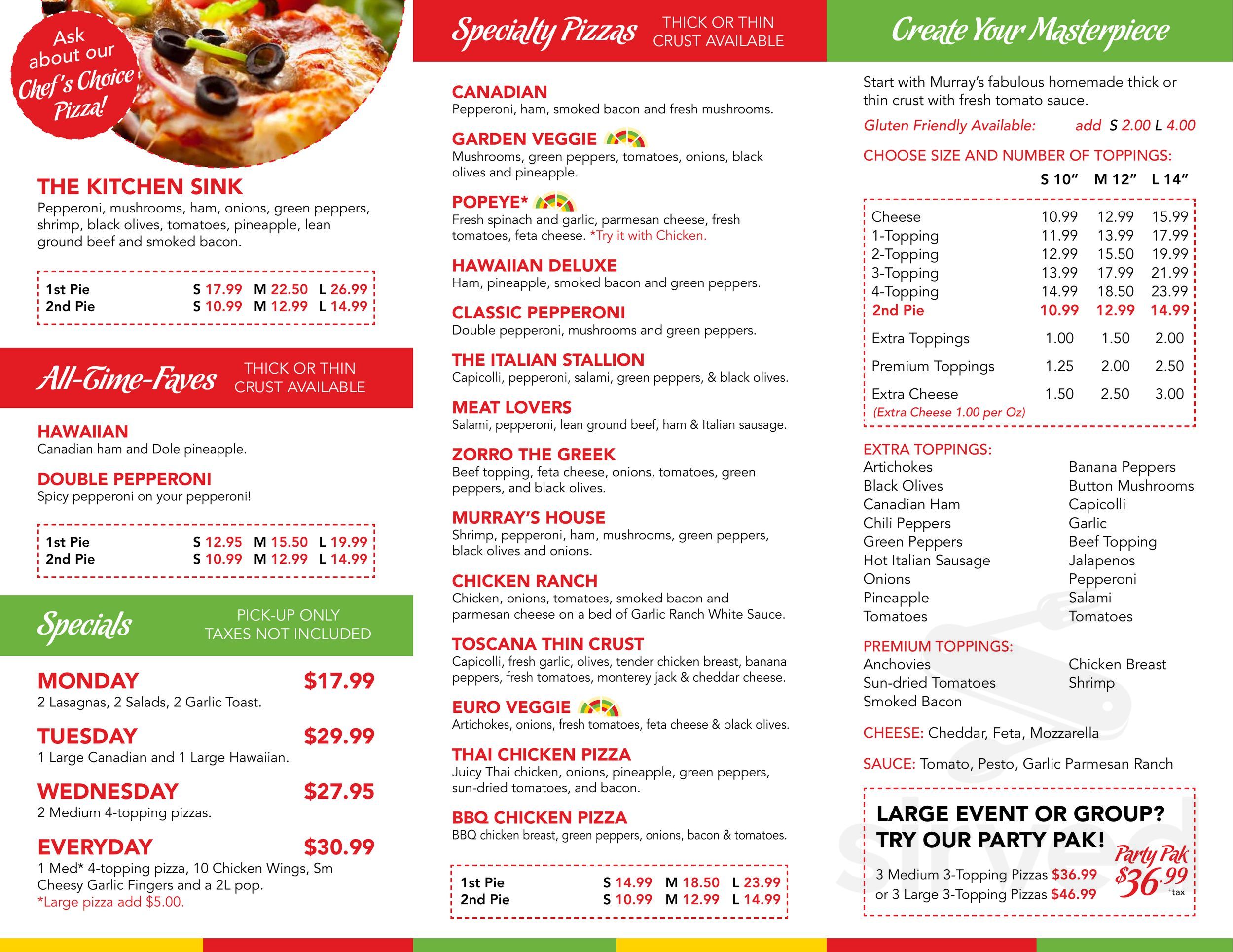 Murray's Pizza & Pasta menu in Summerland, British Columbia