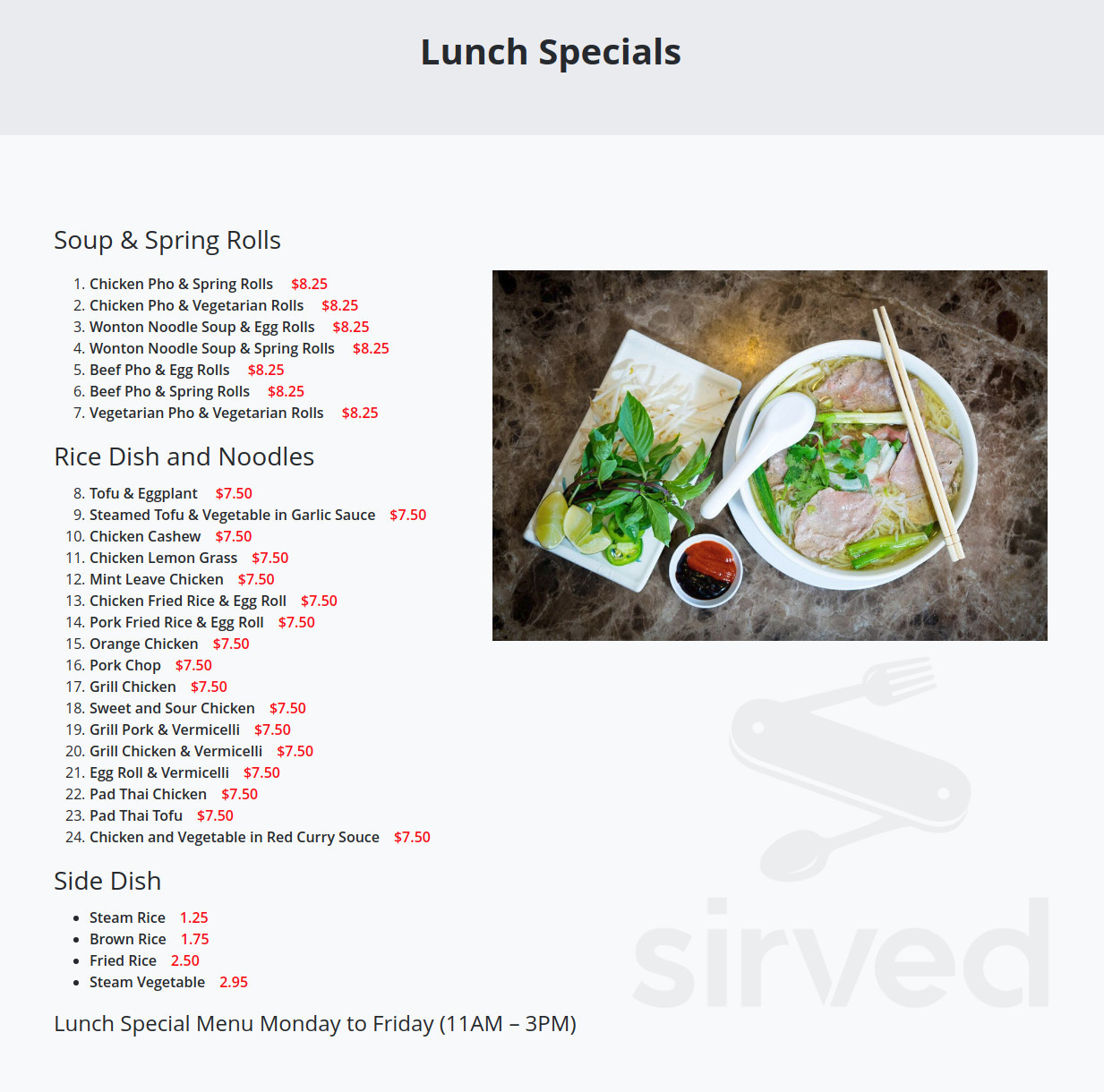 Pho Noodle House lunch menu in Placentia, California