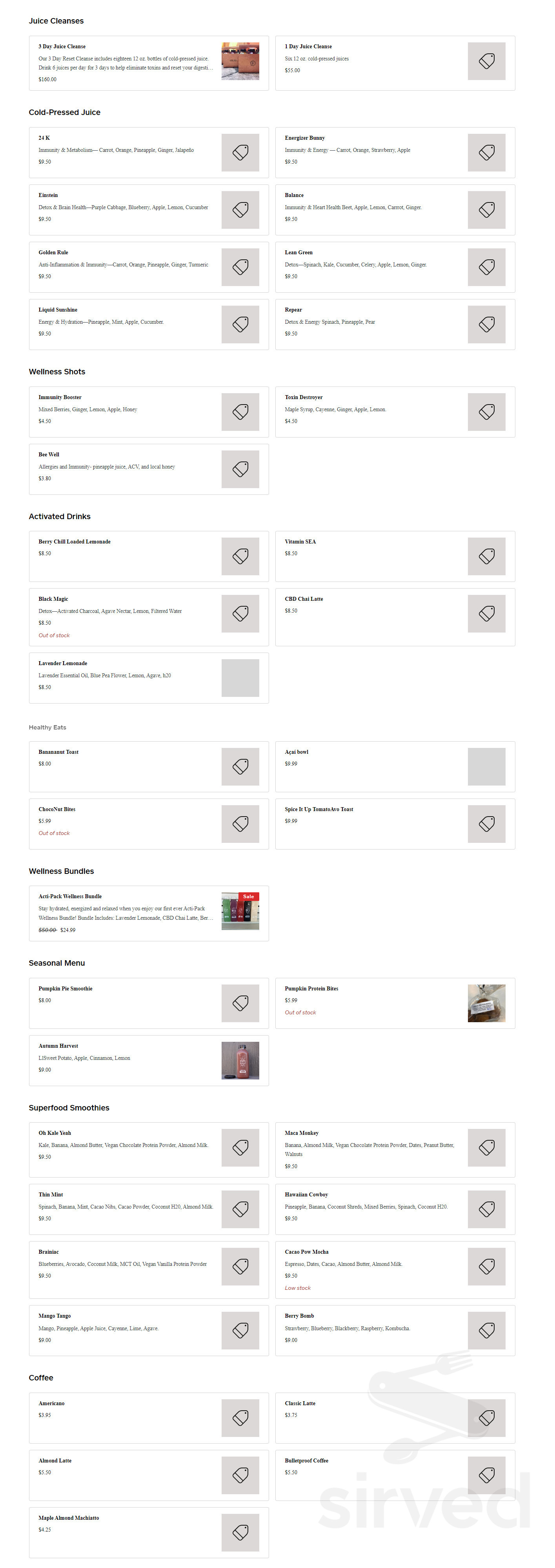 Roots Juice Co. & Wellness Studio menu in Garden City, Kansas, USA