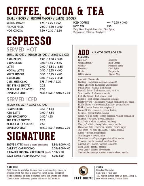 Cafe Breve menu in Fort Walton Beach, Florida, USA