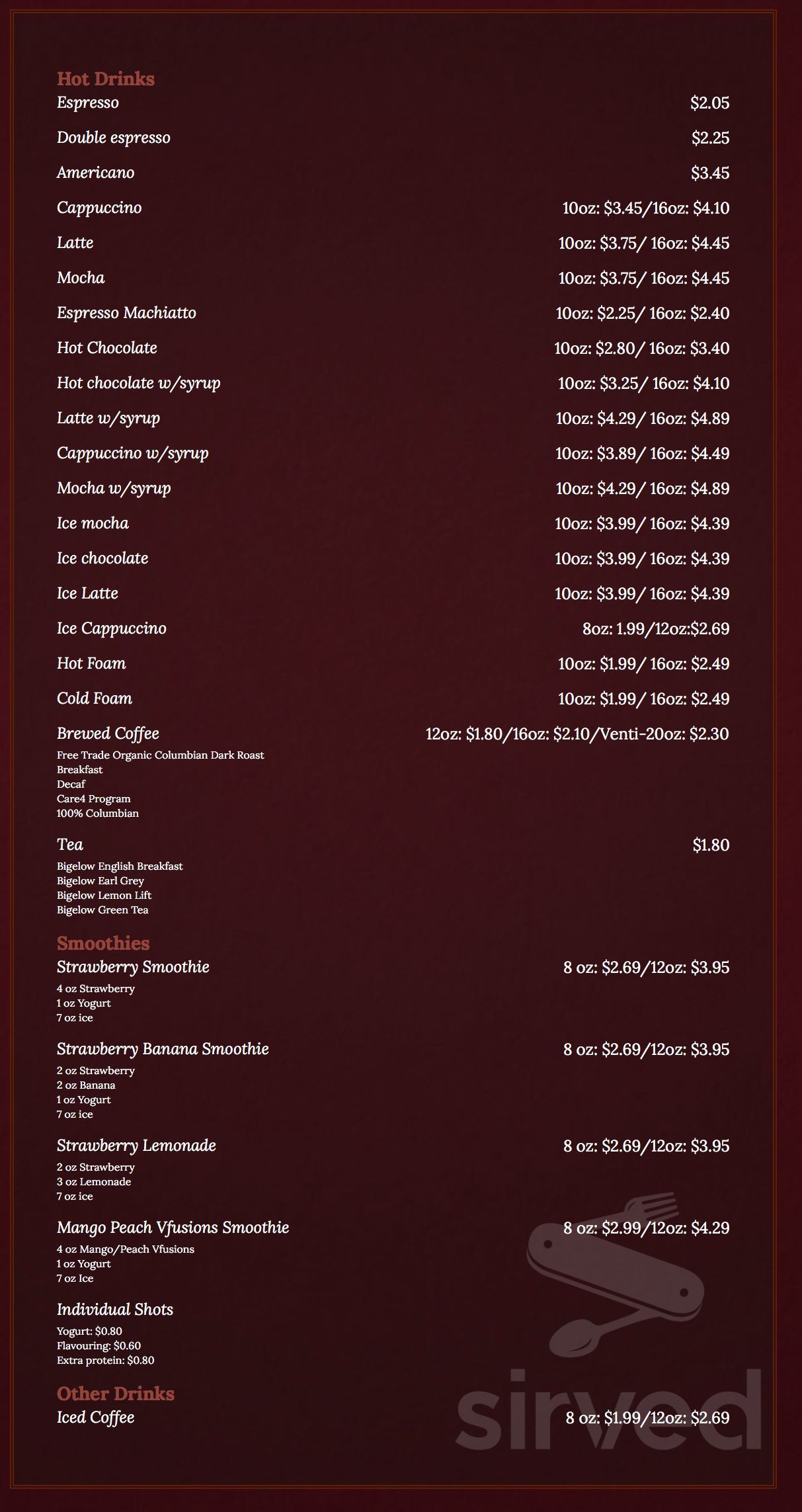 Venti Cafe drink menu in Hamilton, Ontario