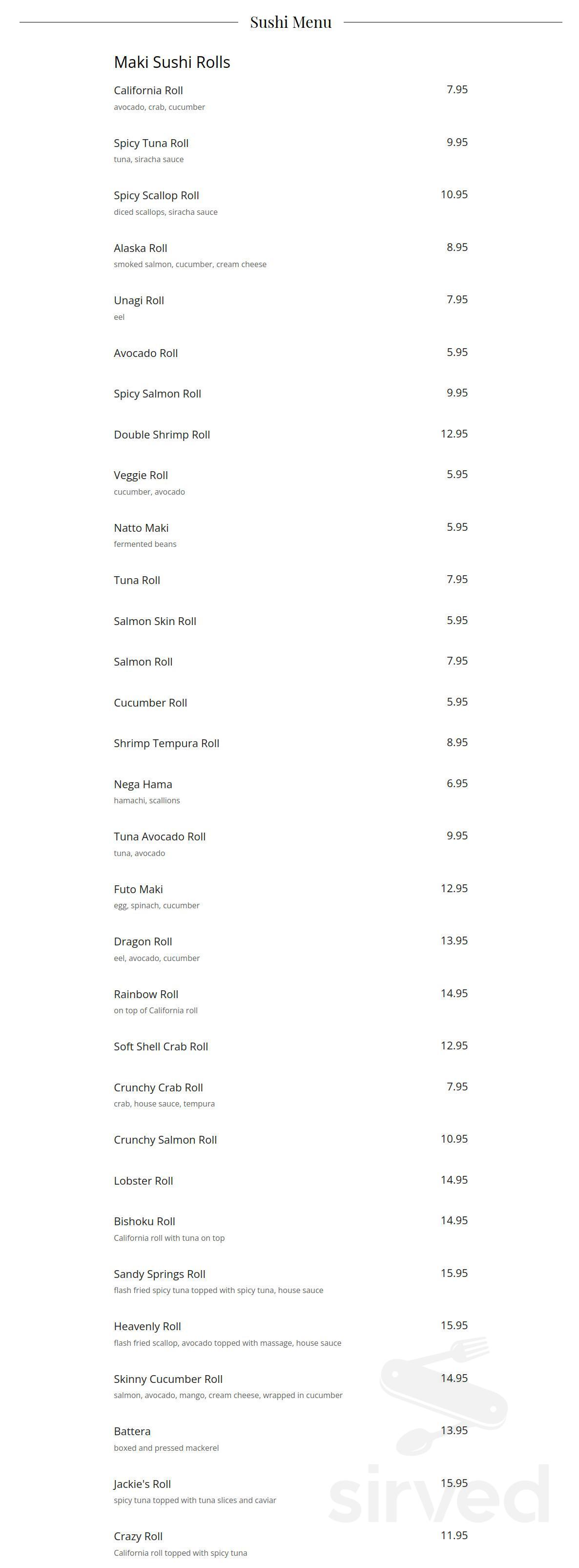 Bishoku menu in Sandy Springs, USA