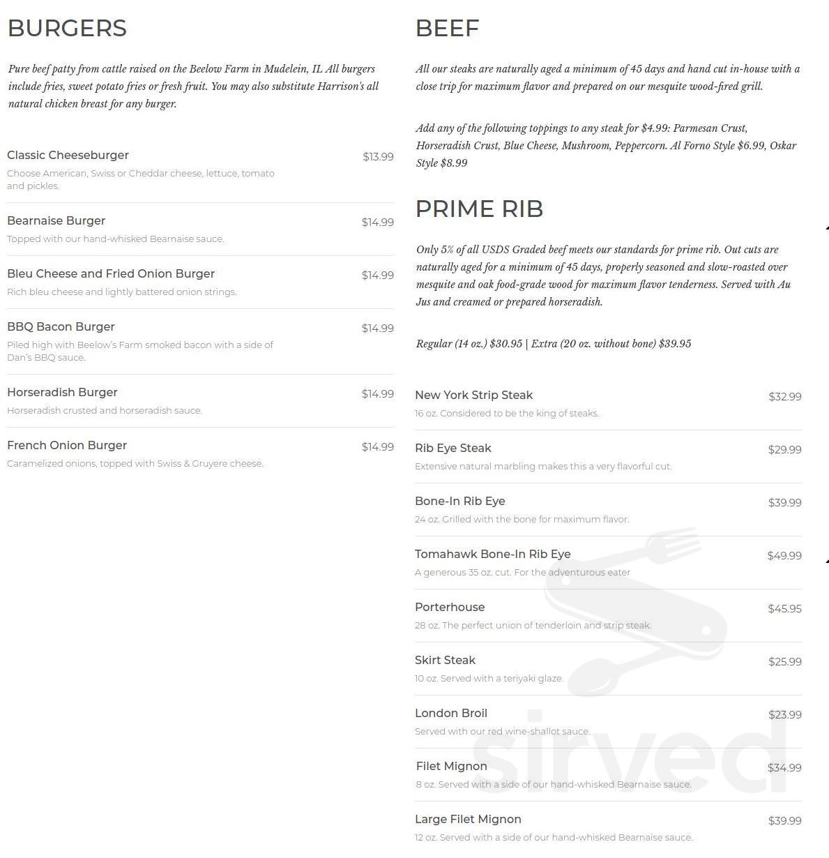 Beelow's Steakhouse menus in Lake Zurich, Illinois, United States