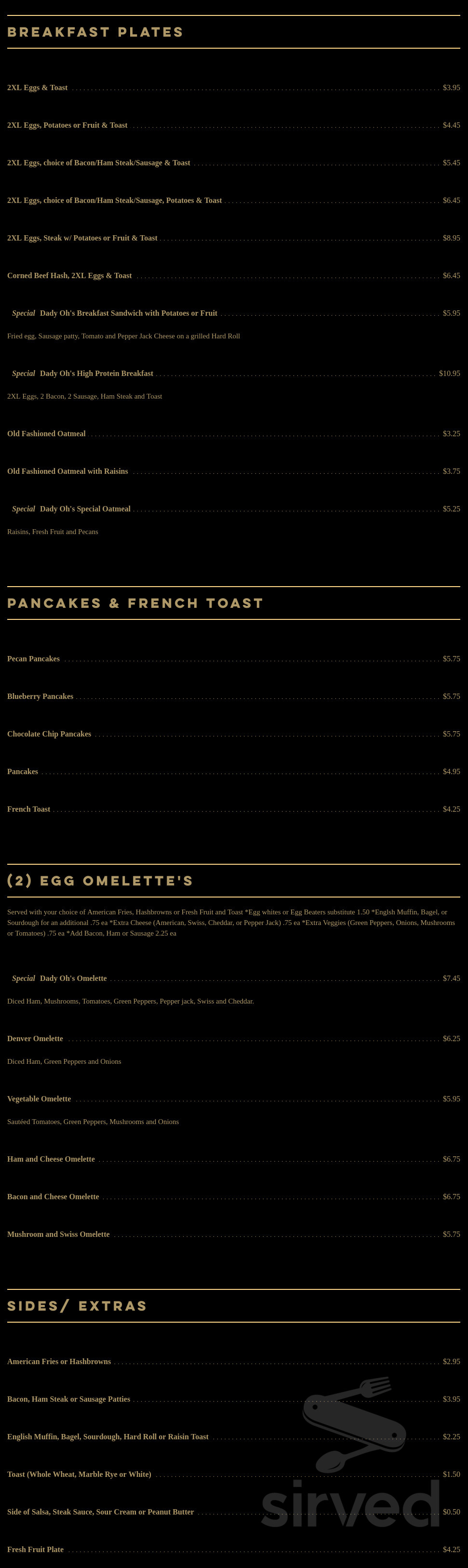 DadyOh's Restaurant menu in Waukesha, Wisconsin, USA