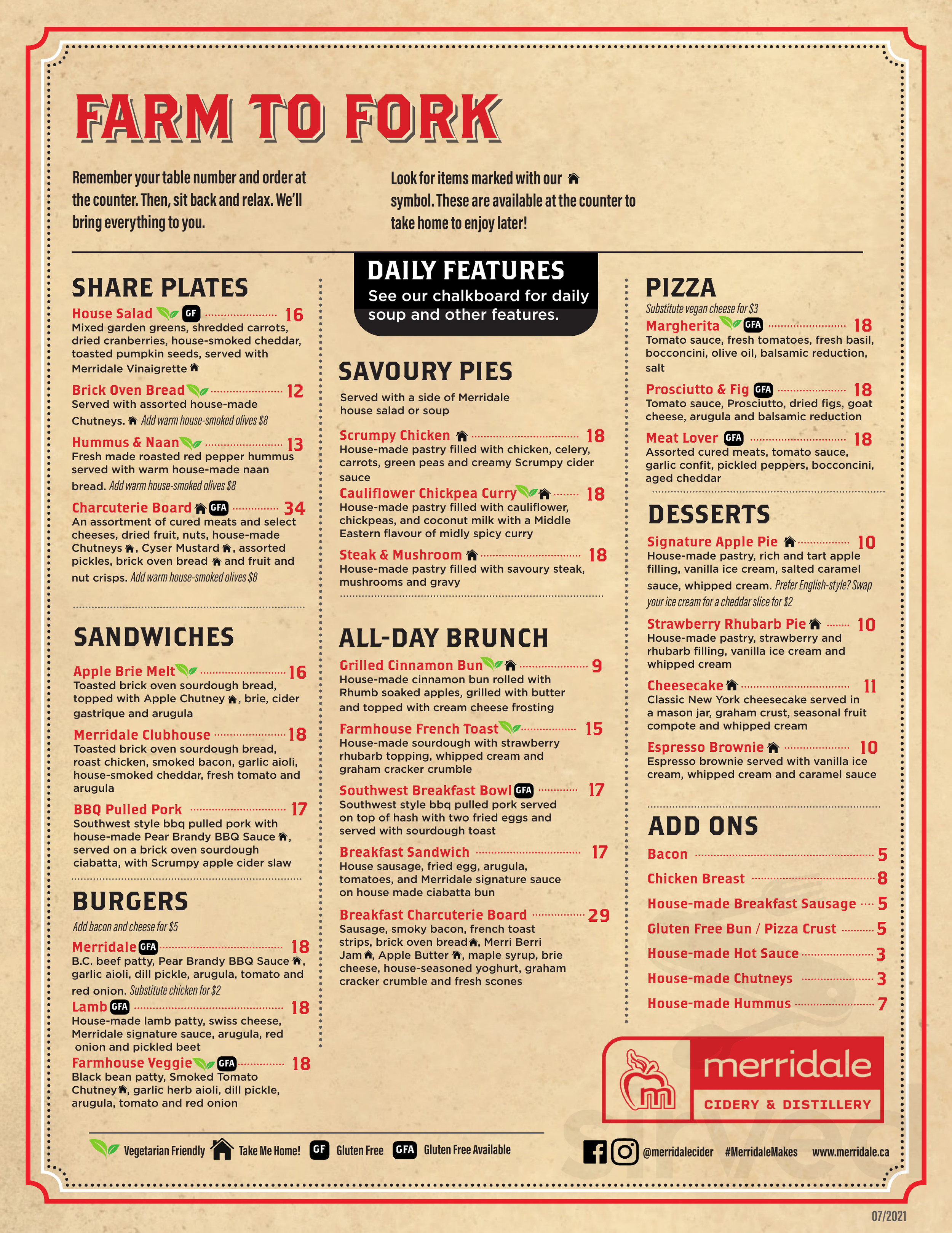 Merridale Cidery & Distillery menu in Cobble Hill, British Columbia