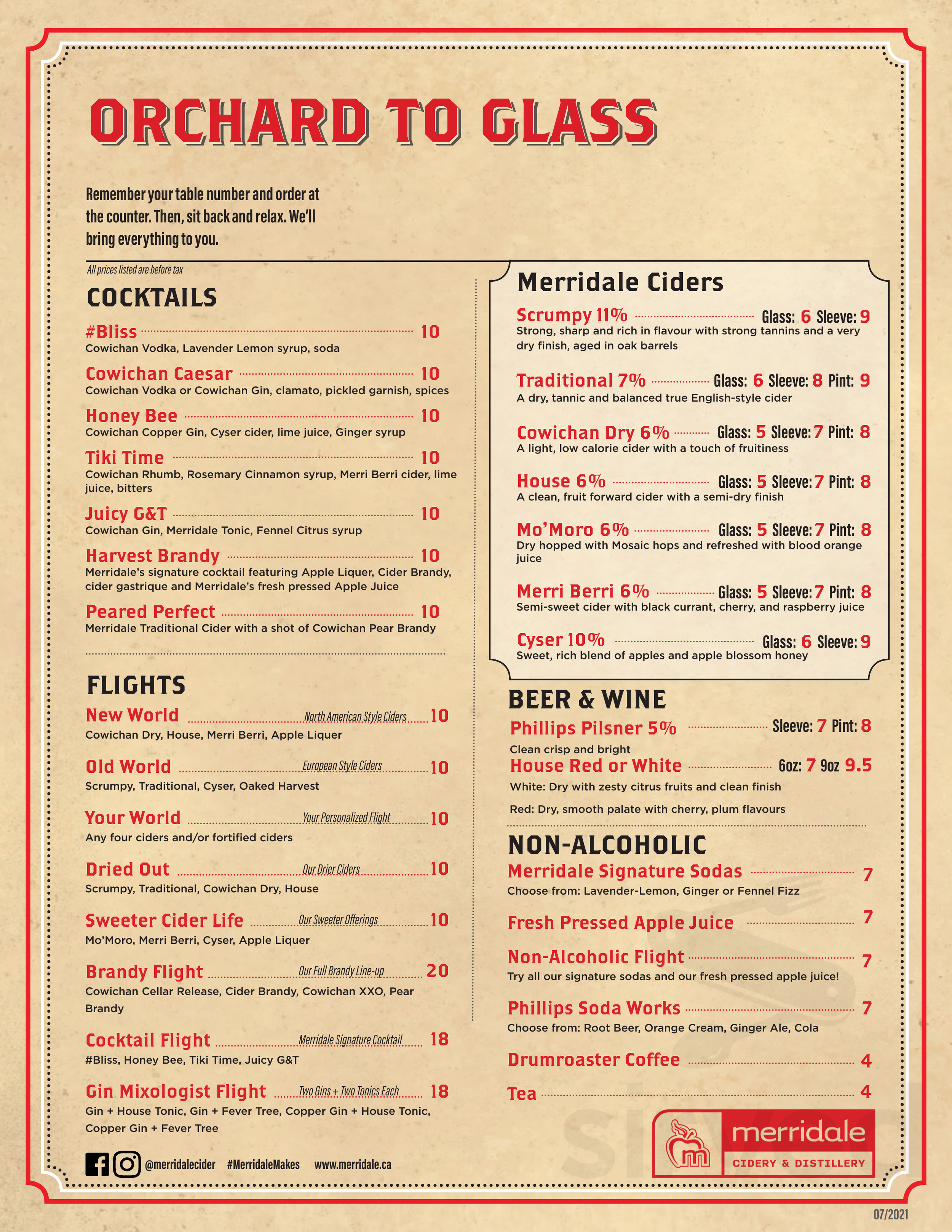 Merridale Cidery & Distillery drink menu in Cobble Hill, British Columbia