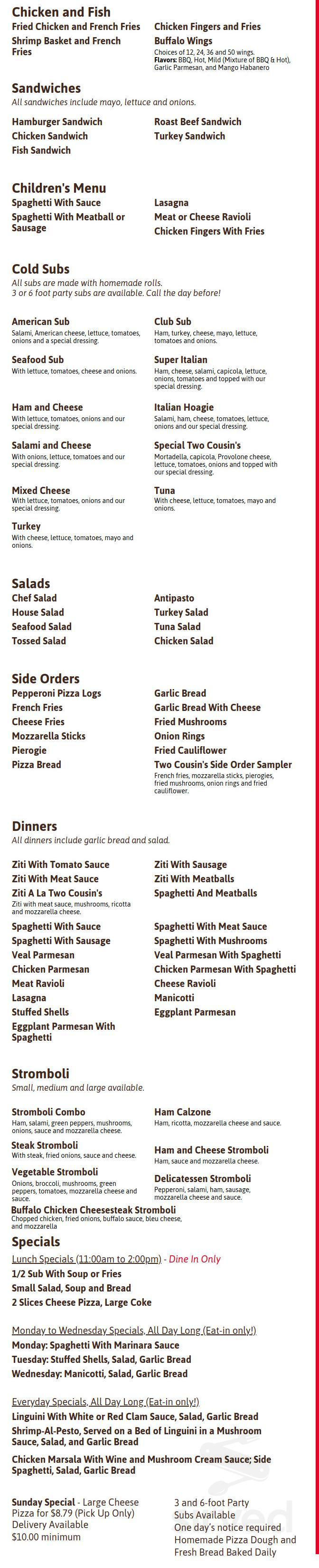 Two Cousins Pizza menu in Mountville, Pennsylvania