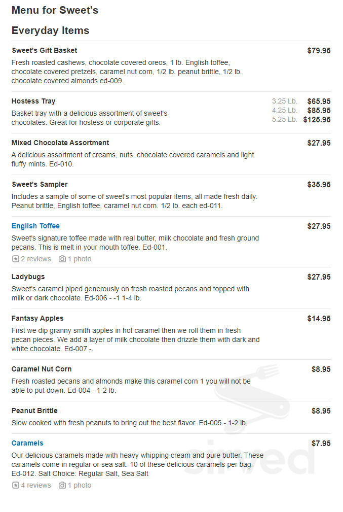 Sweet's menu in Lake Forest, Illinois, USA
