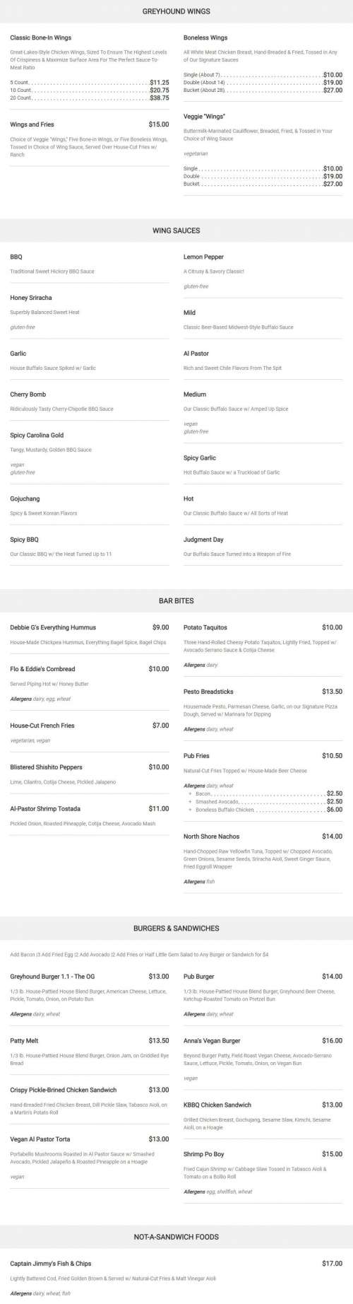 The Greyhound Bar & Grill menu in Glendale, California, USA