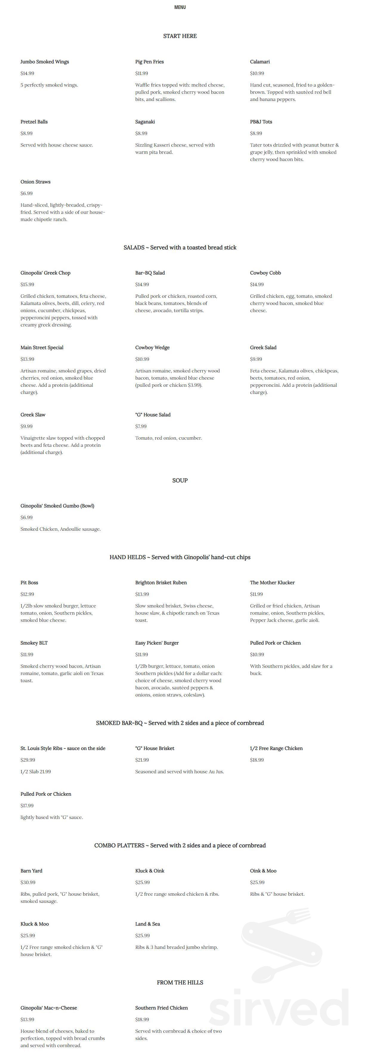 Ginopolis' Bar-BQ Smokehouse menu in Brighton, Michigan
