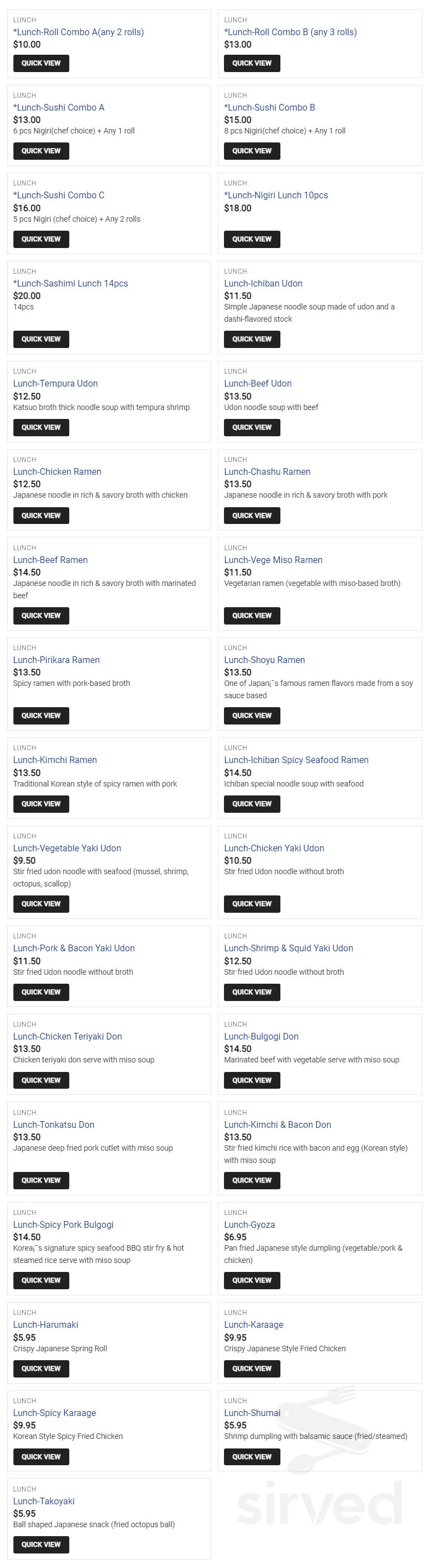 ICHIBAN RAMEN AND SUSHI menu in Fredericksburg, Virginia, USA