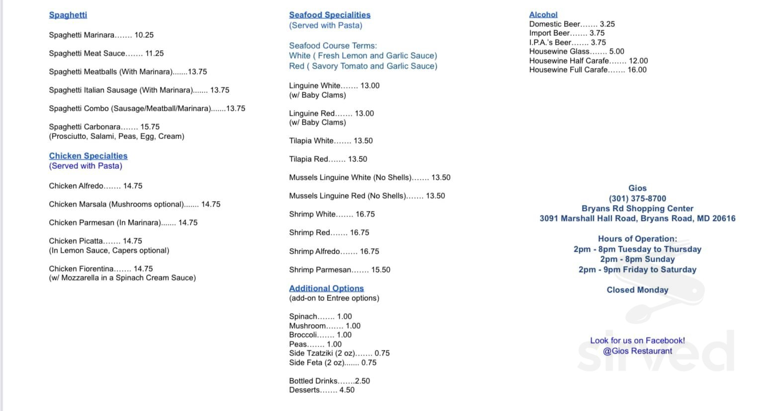 Gios Restaurant menus in Bryans Road, Maryland, United States