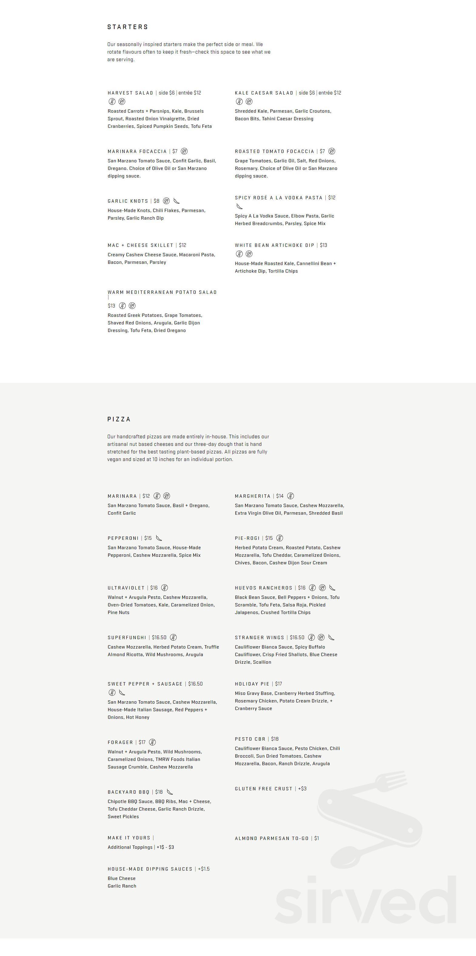 Virtuous Pie menu in Vancouver, British Columbia