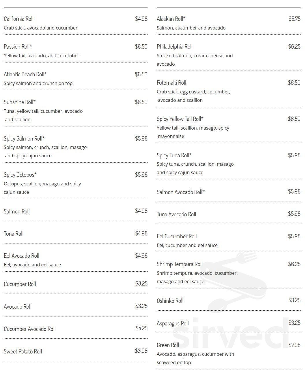 Nori Asian Fusion Cuisine menu in Fort Wayne, Indiana, USA