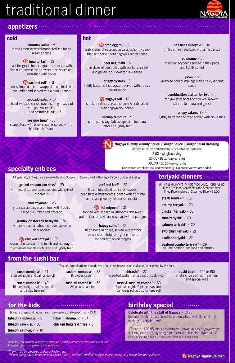 Nagoya japanese steakhouse and sushi menu in perrysburg ohio usa