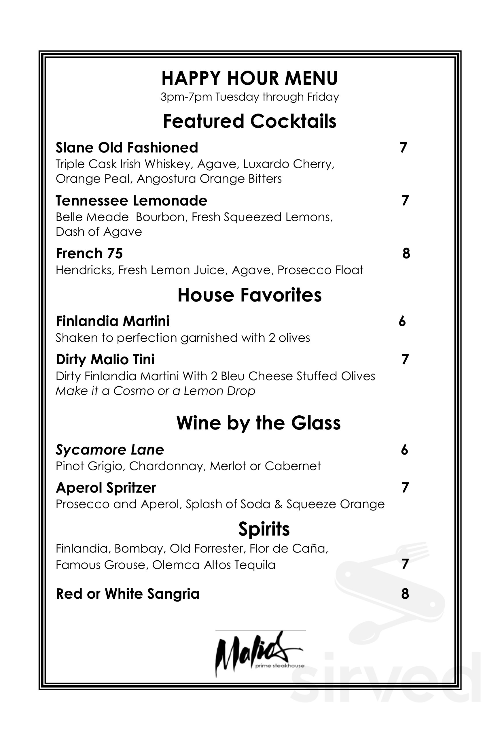 Malio's menu in Tampa, Florida, USA