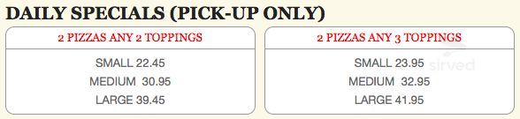 Keating Pizza specials menu in Saanichton, British Columbia