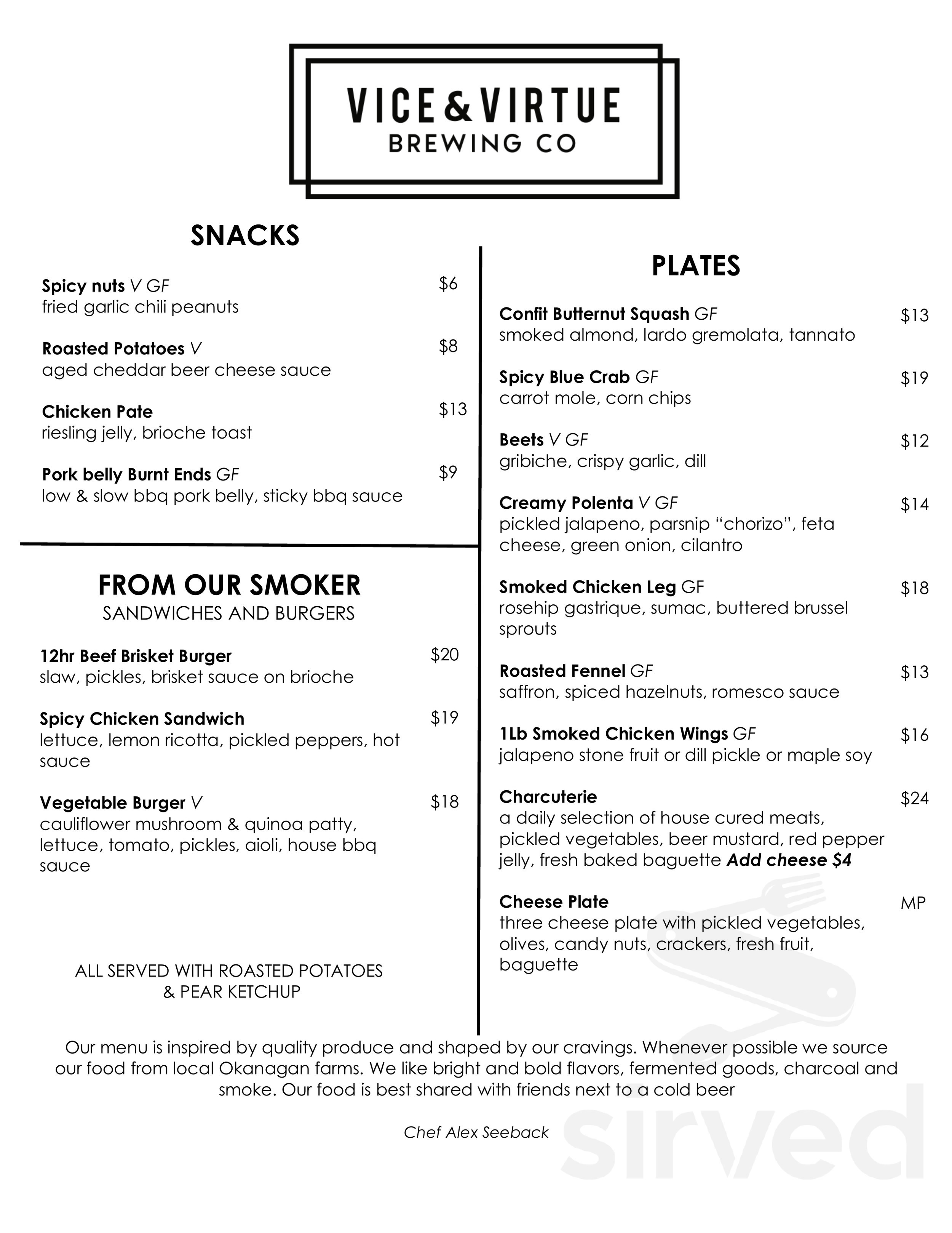 Vice & Virtue Brewing Co. menu in Kelowna, British Columbia